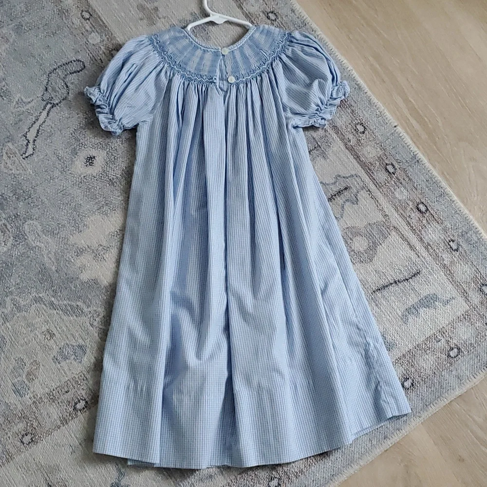 Rosalina Smocked Embroidered Blue Gingham Football Bishop Dress Sz4T